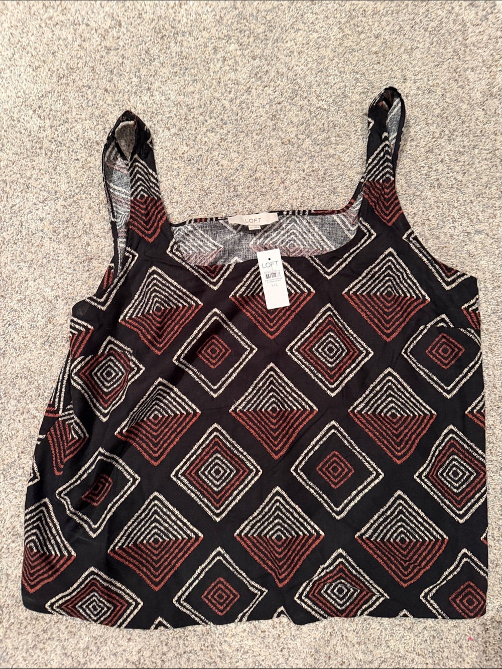 LOFT Black Geometric Diamond Print Camisole with Rust and Cream Accents